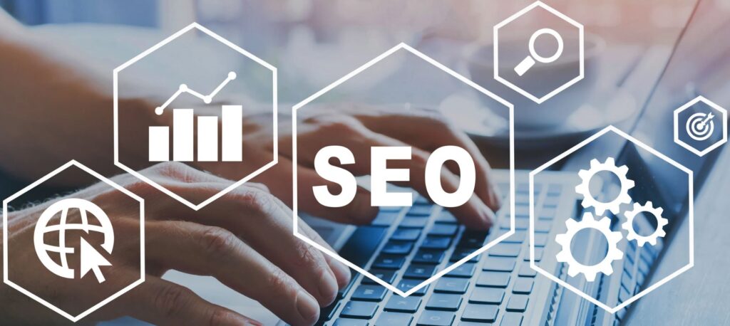 A visual depiction of working of SEO and Digital Marketing that people will learn by completing on campus course, it shows a keyboard with SEO written on it