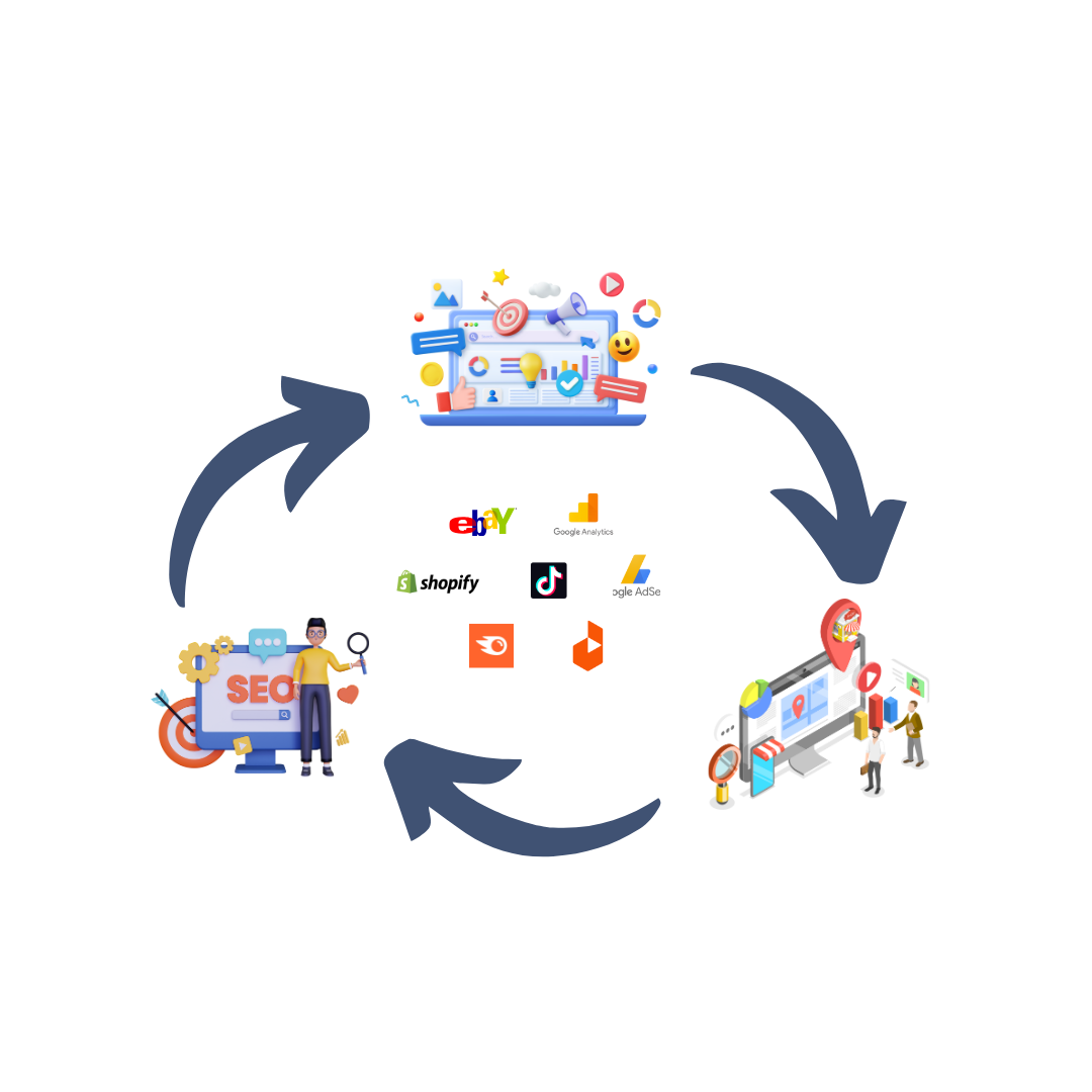 Logo fro ecommerce showing graphic of ecommerce store, seo scree, and digital marketing tool- Item of it courses