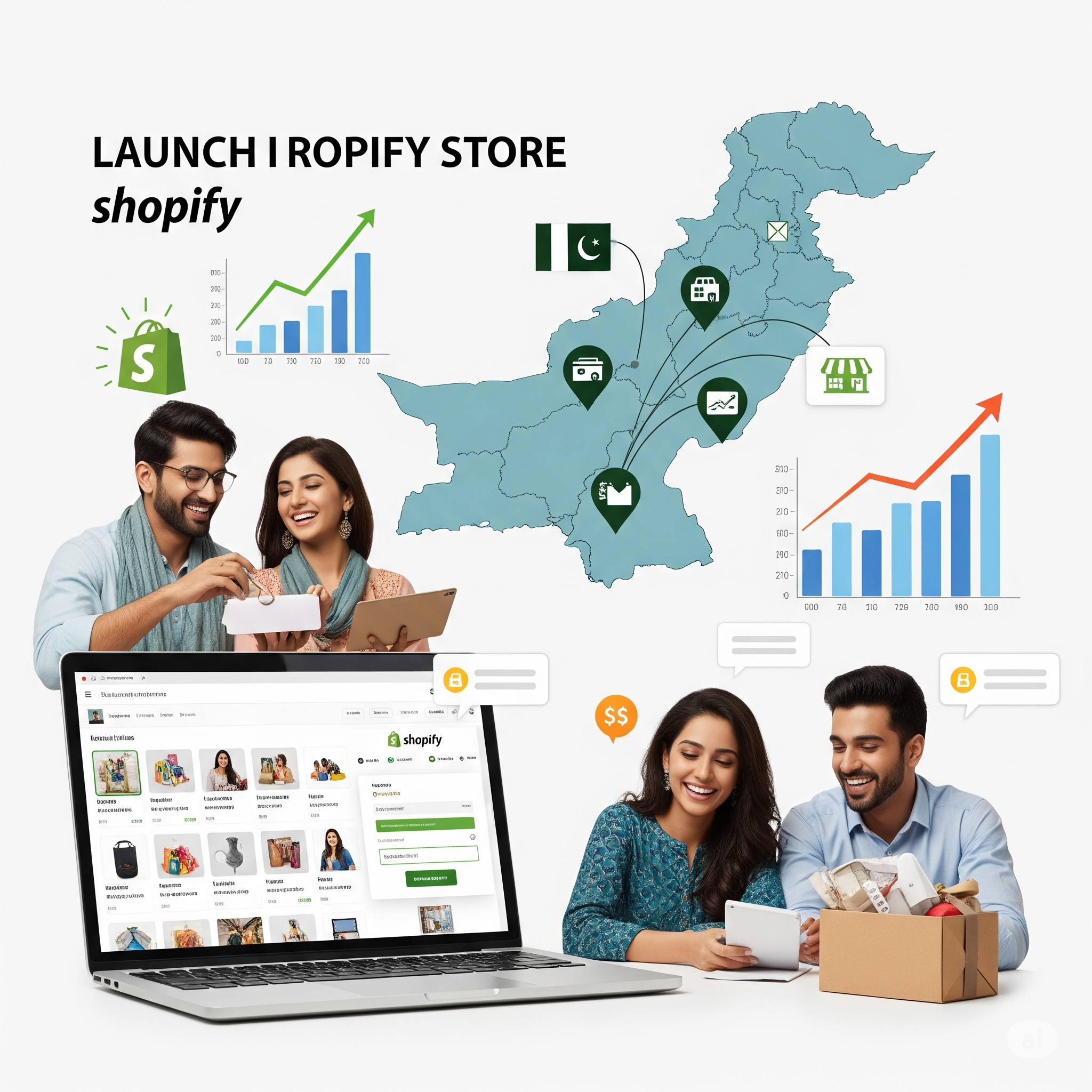 an image of map of Pakistan along with shopify logo and grpahs